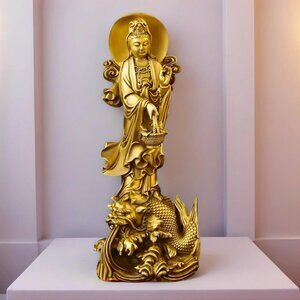 GUAN-YIN Riding a Dragon Fish BUDDHA STATUE Copper 9in Golden Metal Boddhisattva